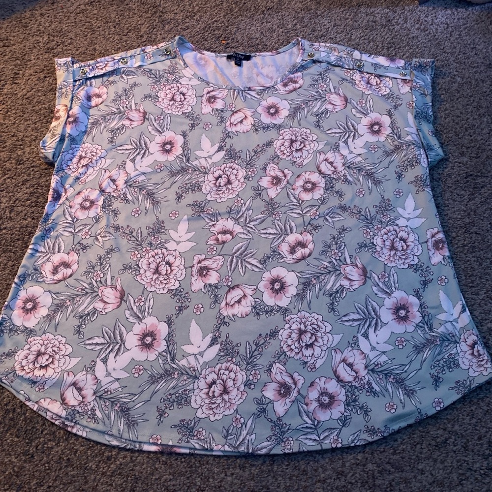 AUW Pink and Green Boxy Blouse with Cap Sleeves and Mandarin Collar